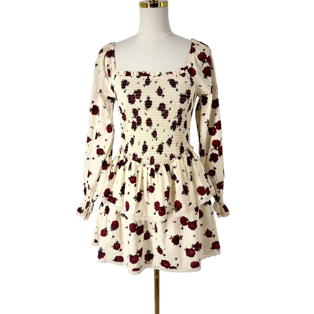 Thirty Thirty LA Floral Milkmaid Smocked Mini Dress M Cream Red Rose Lace